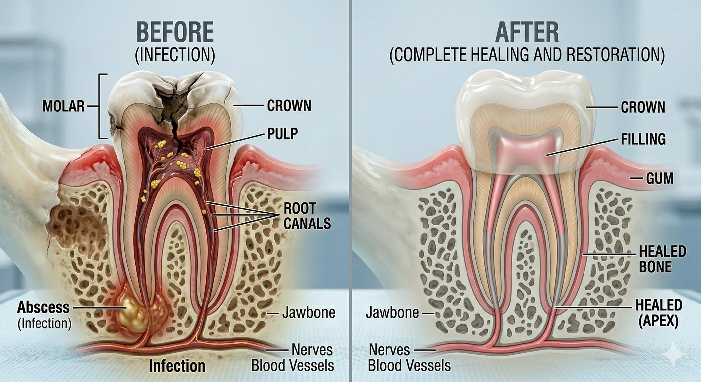 Root canal treatment — before showing infected pulp and abscess, after showing complete healing and restoration